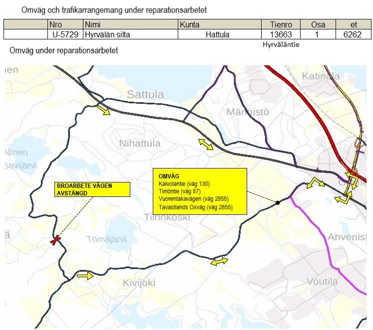 Hyrvälä bro i Hattula förnyas, trafiken leds till en omväg på fredagen .  klo  | Hämeen ELY-keskus