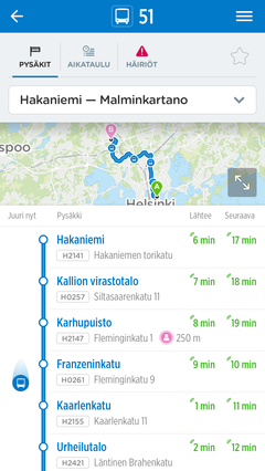 Linjan sivulta voi tarkistaa, missä liikenneväline on tulossa.