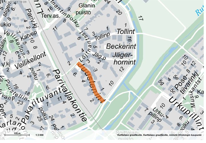 Juustenintie kartalla. Kuva: Helsingin karttapalvelu