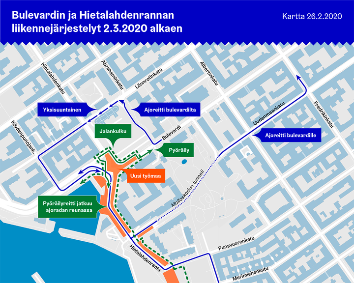Hernesaaren raitiotien rakentaminen vaikuttaa liikkumiseen Bulevardin ja  Hietalahdenrannan risteyksessä 2. maaliskuuta alkaen | Helsingin kaupunki,  kaupunkiympäristön toimiala