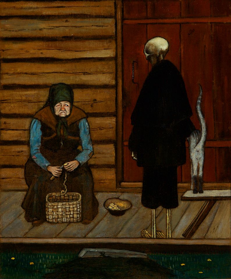 Hugo Simberg, Kuolema ja perunaeukko, 1890-luku, tempera kankaalle, 30 x 25 cm. Reitzin säätiön kokoelmat. Kuva: Katja Hagelstam.