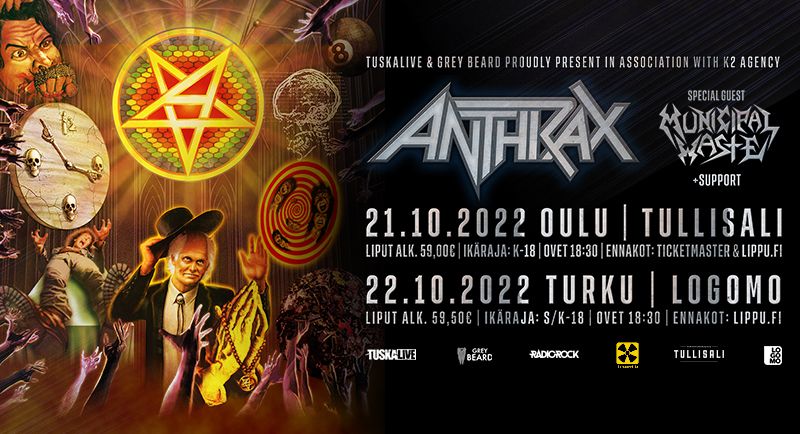 Metallisuuruudet Anthrax ja Municipal Waste Suomeen lokakuussa 2022 |  TuskaLive