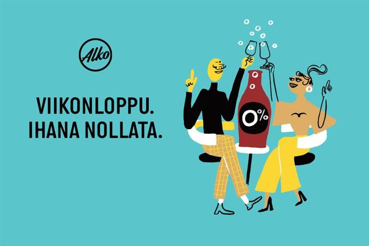 Kuvassa on Alkon kampanjakuva, jossa kaksi henkilöä juhlii alkoholittoman juoman kanssa. Tekstissä lukee: "Viikonloppu. Ihana nollata."