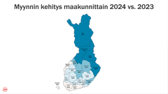 Kartta: Alkon myynnin kehitys maakunnittain, esittää kasvuprosentit vuosina 2024 vs 2023.