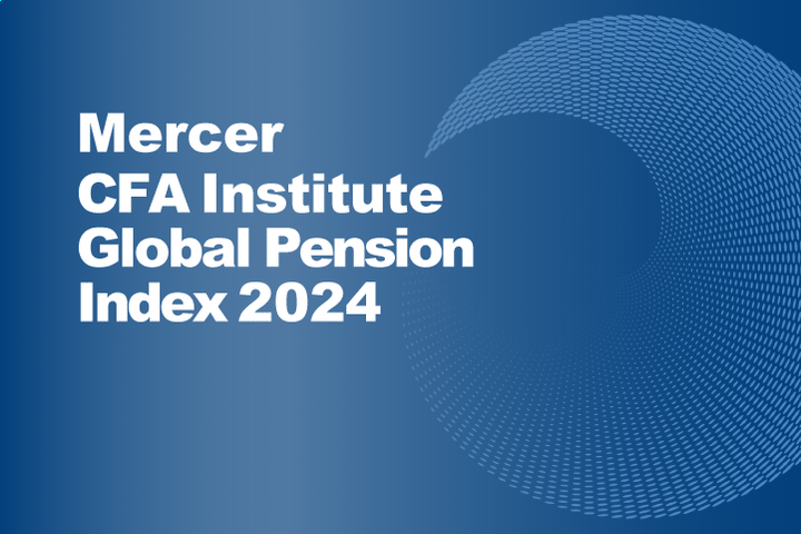 Bild med texten "Mercer CFA Institute Global Pension Index 2024" på en blå bakgrund med cirkulärt mönster.