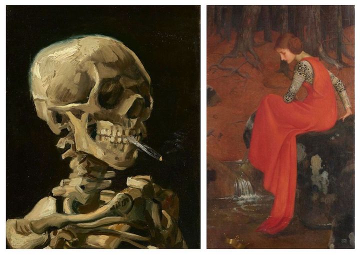 Vincent van Goghin teos: "Tupakoiva luuranko" (1886), vasemmalla. Marianne Stokesin teos: "Melisande" (1895–1898), oikealla.