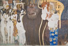 Gustav Klimt: Beethovenfrisen: De fientliga krafterna - panel 1, främre väggen, Belvedere, Wien. På permanent utlån i Secessionsbyggnaden i Wien. Foto: Belvedere, Wien. På uställningen visas kopior av muralen.