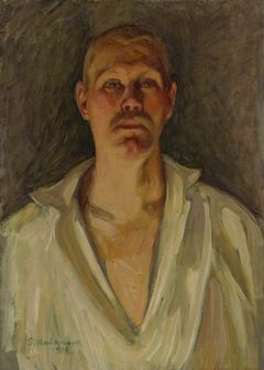 Self-portrait of a man with short hair, wearing a partially unbuttoned shirt. The painting uses earthy tones and dramatic lighting.