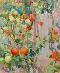 A colorful painting of tomato plants with ripe and unripe tomatoes.