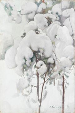 Snow-covered pine saplings painted by Pekka Halonen in 1899.