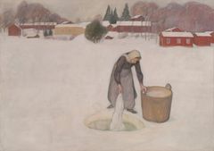 An artwork depicting a person washing clothes on ice near a wooden tub, with snow-covered buildings and trees in the background.