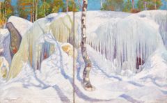 Painting of a snowy landscape with ice-covered rocks and a birch tree in the foreground.