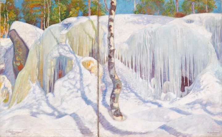 Painting of a snowy landscape with ice-covered rocks and a birch tree in the foreground.