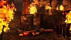 Eero Järnefelt's Under the Yoke (Burning the Brushwood), 1893, is displayed in a game world where flames surround the artwork.