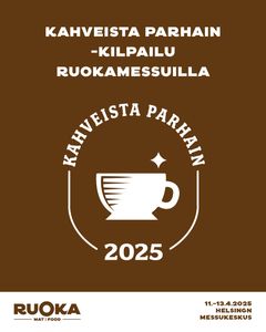 "Kahvikuppi ja teksti 'Kahveista parhain 2025' ruskealla pohjalla."