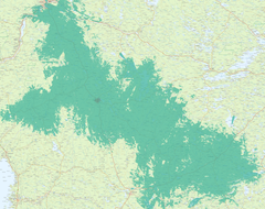 Kuvassa vaaleampi vihreä väri kuvaa normaalia 4G-/5G-peruspeittoa, ja tummempi vihreä erityisen nopeaa, 3,5 GHz:n taajuudella toimivaa 5G-verkkoa.