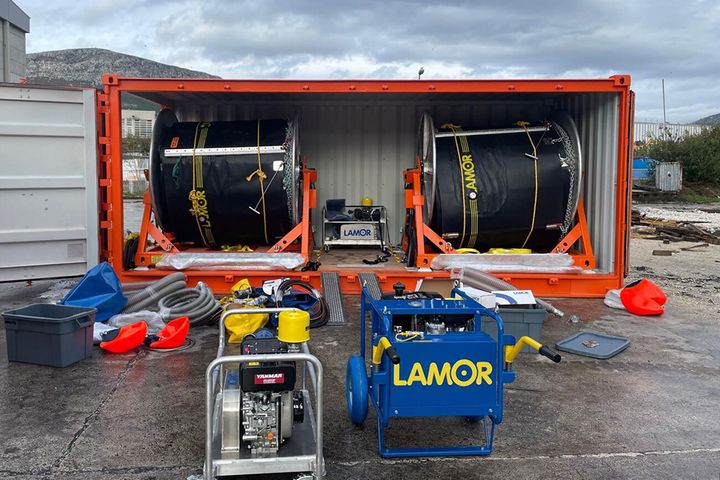 Lamor oil spill response boom container being prepared