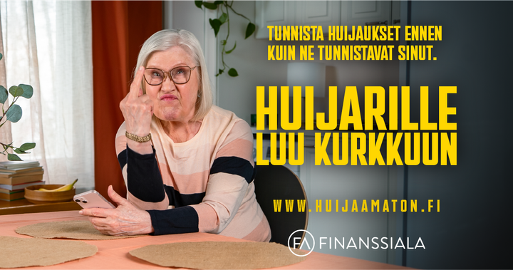 Finanssiala ry:n Huijarille luu kurkkuun -kampanjan keulahahmo, näyttelijä Maija-Liisa Peuhu varoittaa huijauksista.