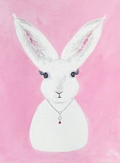 Akryyliväreillä maalattu valkoinen jänis vaaleanpunaisella taustalla.