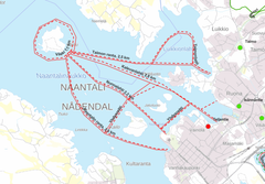 Kuvakaappaus Naantalin karttapalvelusta luistelu- ja jääinfosta. Merenjään reitit ovat punaisella eli suljettuja.