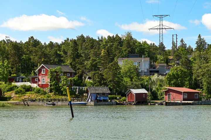 Viialan ranta mereltä käsin kuvattuna, kuvassa taloja ja rantamökkejä.