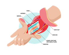 An anatomical drawing showing how a hand transplantation is performed. The drawing shows structures of the hand: a skin flap, bones attached with metal plates, arteries, veins, nerves, and tendons.