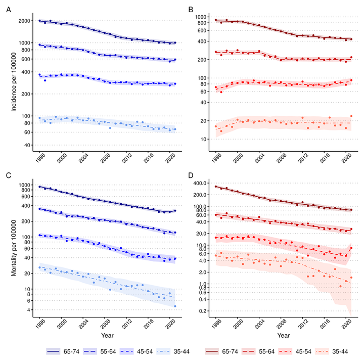 Trends in the incidence and mortality of acute myocardial ischemic syndrome in women and men aged 35–74 by age group in 1996–2021. A) Incidence in men and B) in women. C) Mortality in men and D) in women.