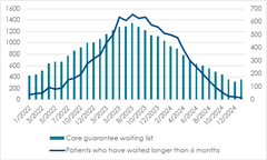 Chart showing the number of patients waiting for neurosurgery monthly and those who waited over 6 months from January 2022 to January 2025. Both peaked around April 2023 and declined afterward.