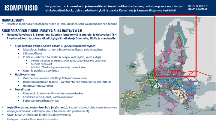 Nostamalla valtatie 5, Savon rata, Kuopion lentokenttä, kaupunkisolmukohdat sekä energia- ja tietoverkot TEN-T-ydinverkkoon tarjotaan kilpailukykyisiä ratkaisuja Suomelle, EU:lle ja maailmalle.