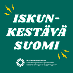 HVK:n podcastin kansikuvassa keltaisia salaman kuvia ja valkoinen teksti Iskunkestävä Suomi sekä HVK:n logo. Tausta on tummanvihreä.