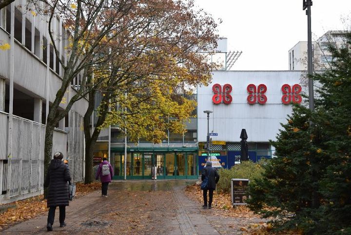 Framför varuhuset går människor på en gata täckt av orange blad. Framför byggnaden står ett träd som fäller löv och i högra kanten två granar.