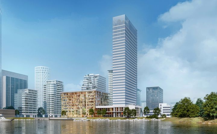 An illustration of Keilaniemi in Espoo. There is a tall hotel tower in the centre with a lower office building made of wood on its left-hand side. There are other tall buildings in the background and water in the foreground.