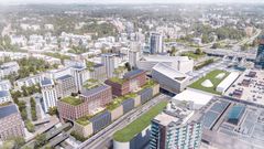 Illustration showing apartment buildings, a green roof and a building over the railway track and road.