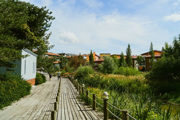 The verdant setting is surrounded by detached houses and in the middle of the image is a wooden pedestrian bridge that crosses the creek.