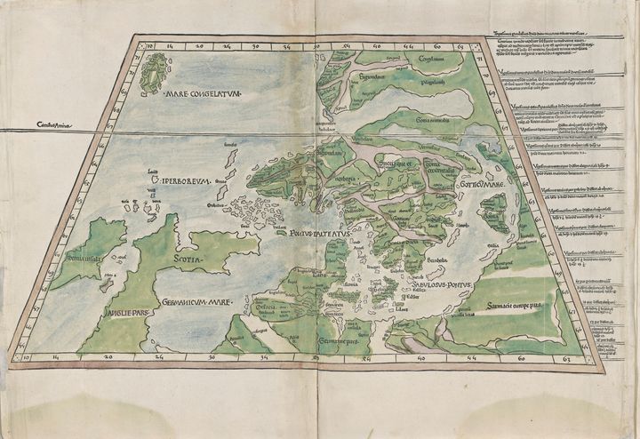 Vanha kartta Pohjois-Euroopasta vuodelta 1482, käsin piirretty ja osittain väritetty.