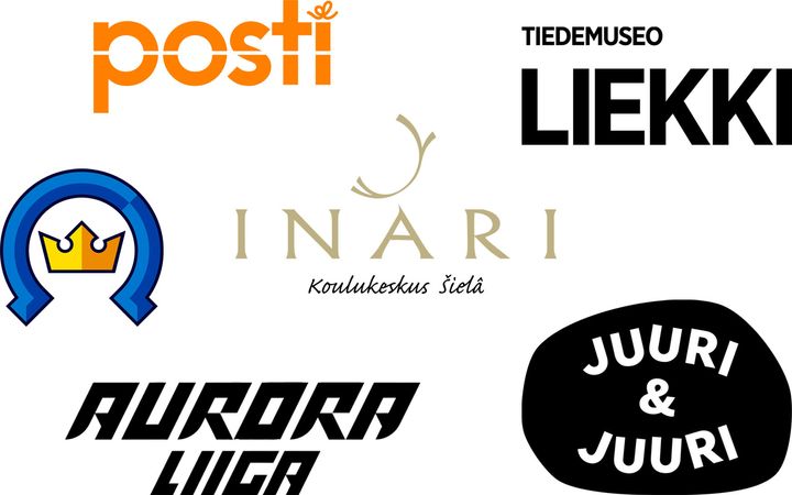 Erilaisia logoja: Posti, Tiedemuseo Liekki, Koulukeskus Šielâ, Aurora-liiga ja Juuri&Juuri.