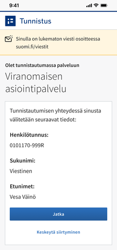 Tältä näyttää Suomi.fi-tunnistuksen yhteydessä näytettävä muistutus siitä, että sinulla on uusi lukematon viesti Suomi.fi-viesteissä. Kuvassa näkymä, kun tunnistautuu mobiililaitteella.