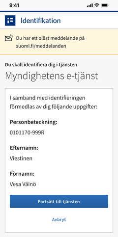 Så här ser notifikationen ut som visas i samband med Suomi.fi-identifikationen om att du har ett nytt oläst meddelande i Suomi.fi-meddelanden. Bild som visar vyn när man identifierar sig med en mobil enhet.