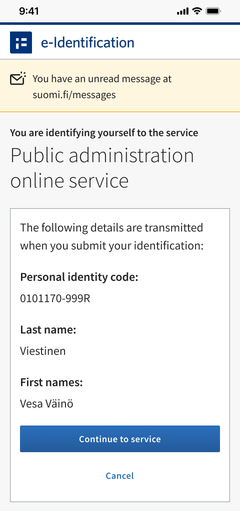 This is what the reminder looks like that is shown during Suomi.fi e-Identification, informing you that you have a new unread message in Suomi.fi Messages. Image showing the view when signing in with a mobile device.