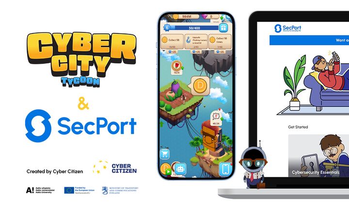 Puhelimen näyttö pelistä ja tietokone, jossa kyberturvallisuuteen liittyvä verkkosivu. Pelin logo ja yhteistyökumppaneiden logot näkyvät ympärillä.