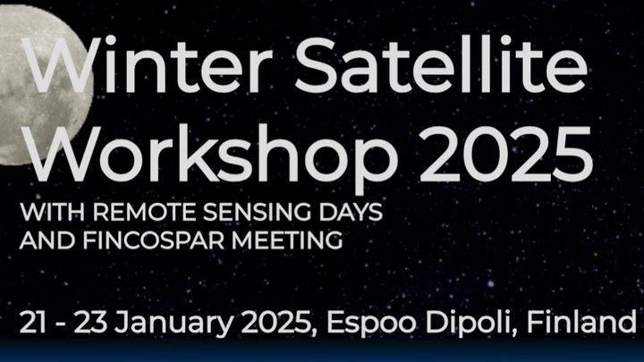 Tapahtumajuliste, jossa lukee Winter Satellite Workshop 2025, 21.–23. tammikuuta 2025, Espoo, Dipoli.