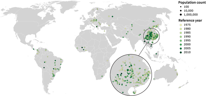 A world map highlighting 307 rural areas analyzed in a study, showing various population estimates by color and size corresponding to different years, from 1975 to 2010.