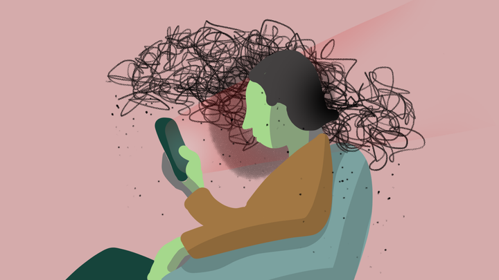 Piirros henkilöstä, joka istuu nojaten tuoliin ja katsoo puhelinta, epäsäännöllinen viivasto kuvastaa stressiä hänen päänsä yläpuolella.