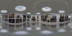 Valokuvanäyttelyn sisätila, jonka seinillä on useita muotokuvia. Katossa on pyöreitä valaisevia aukkoja.