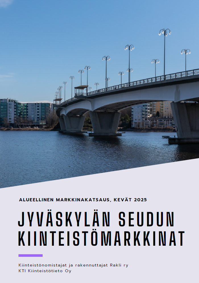 Silta Jyväskylässä, taustalla kerrostaloja. Teksti: "Alueellinen markkinakatsaus, kevät 2025. Jyväskylän seudun kiinteistömarkkinat."