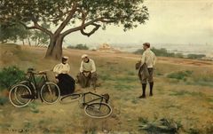 Painting of three cyclists resting under a tree in a landscape, with their bikes lying on the grass.