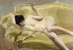 A painting depicting a nude person reclining on a yellow divan.