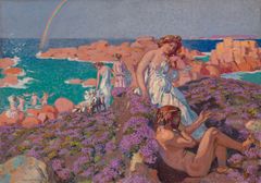 A painting depicting Ulysses and Calypso in a colorful seaside landscape with flowers and a rainbow.