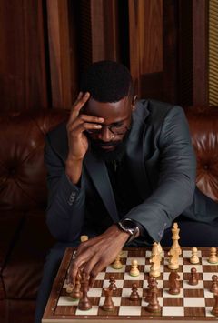 Tummaan pukuun pukeutunut mies istuu pelaamassa shakkia.