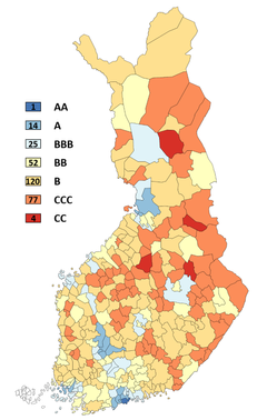 Hypo-luokituksessa A-ryhmään yltää 15 kuntaa, joista Helsinki ainoana AA-alueeksi. Vähintään BBB-luokitukseen yltävissä kunnissa asuu 56 prosenttia suomalaisista.